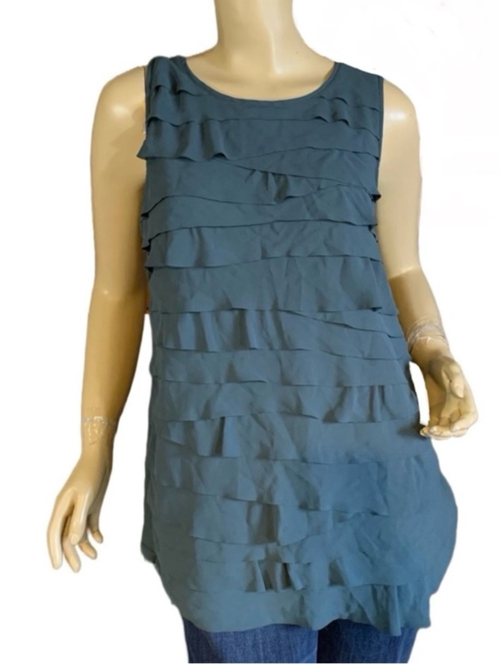 LOFT GREEN JERSEY KNIT TUNIC W/CHIFFON LAYERED RUFFLE FRONT  (LM)